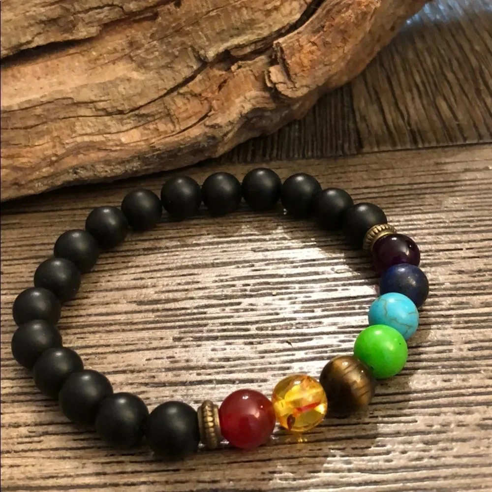 Chakra & Black Bead Rainbow Stretch Bracelet